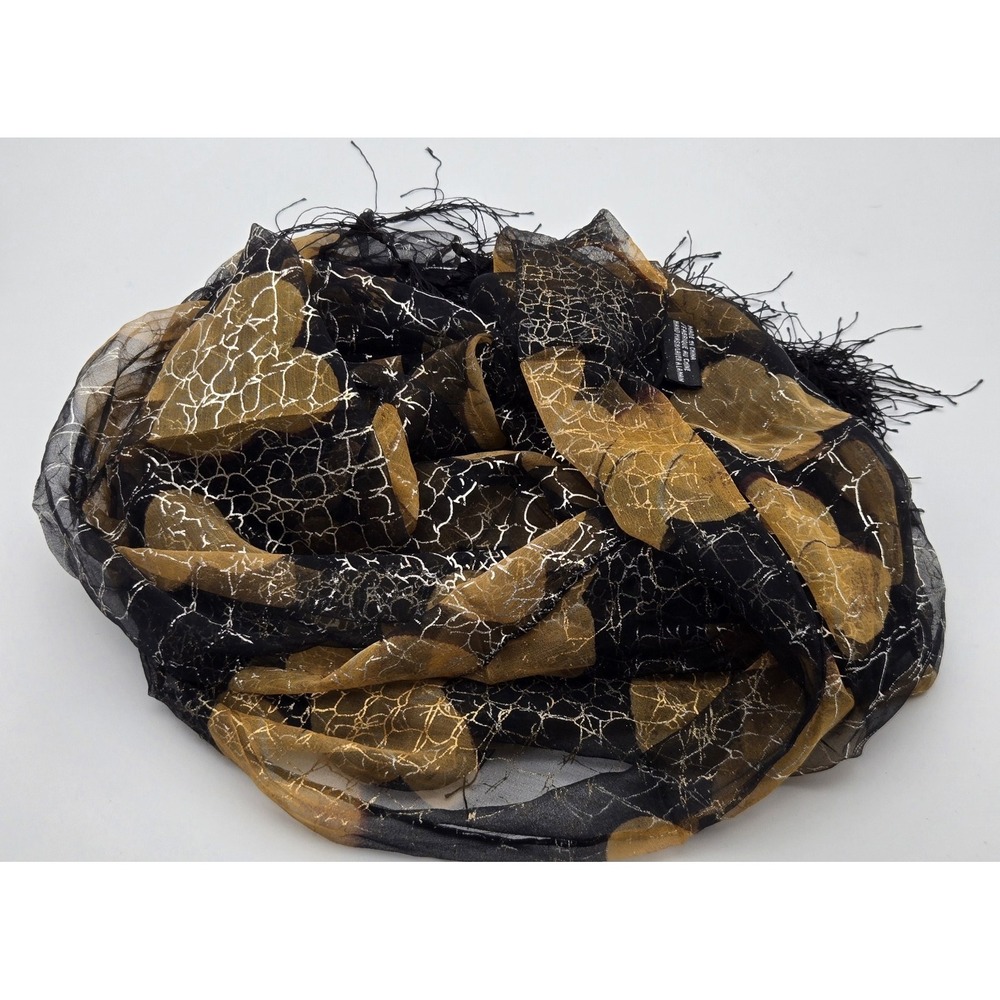 Sheer Silk Metallic Scarf 30x49 Black Gold Abstract Crackle Fringe Evening Wrap - Picture 2 of 11